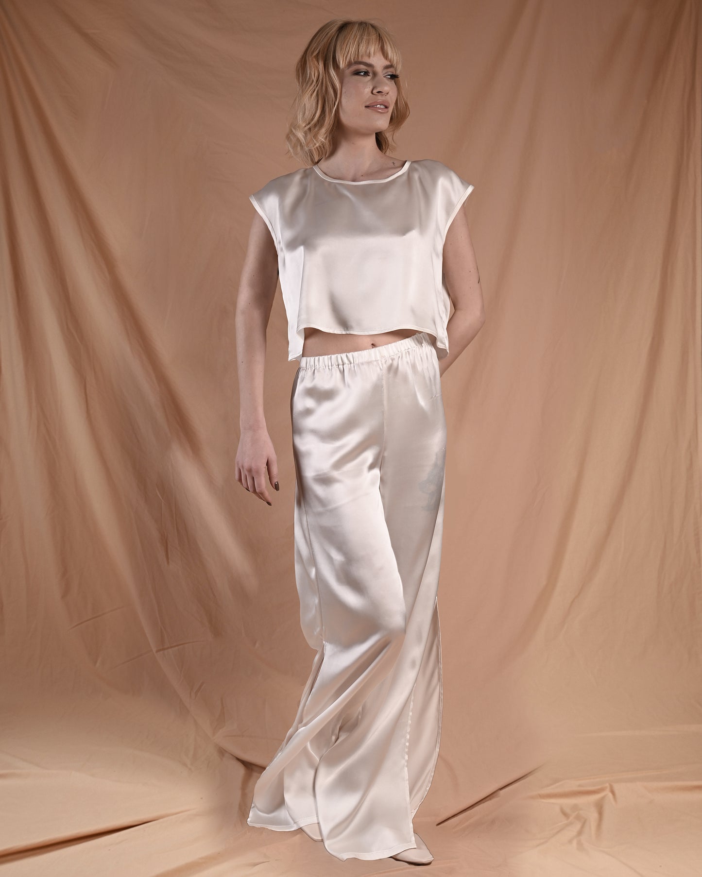 Pearl White Silk Short Sleeve Pant Set