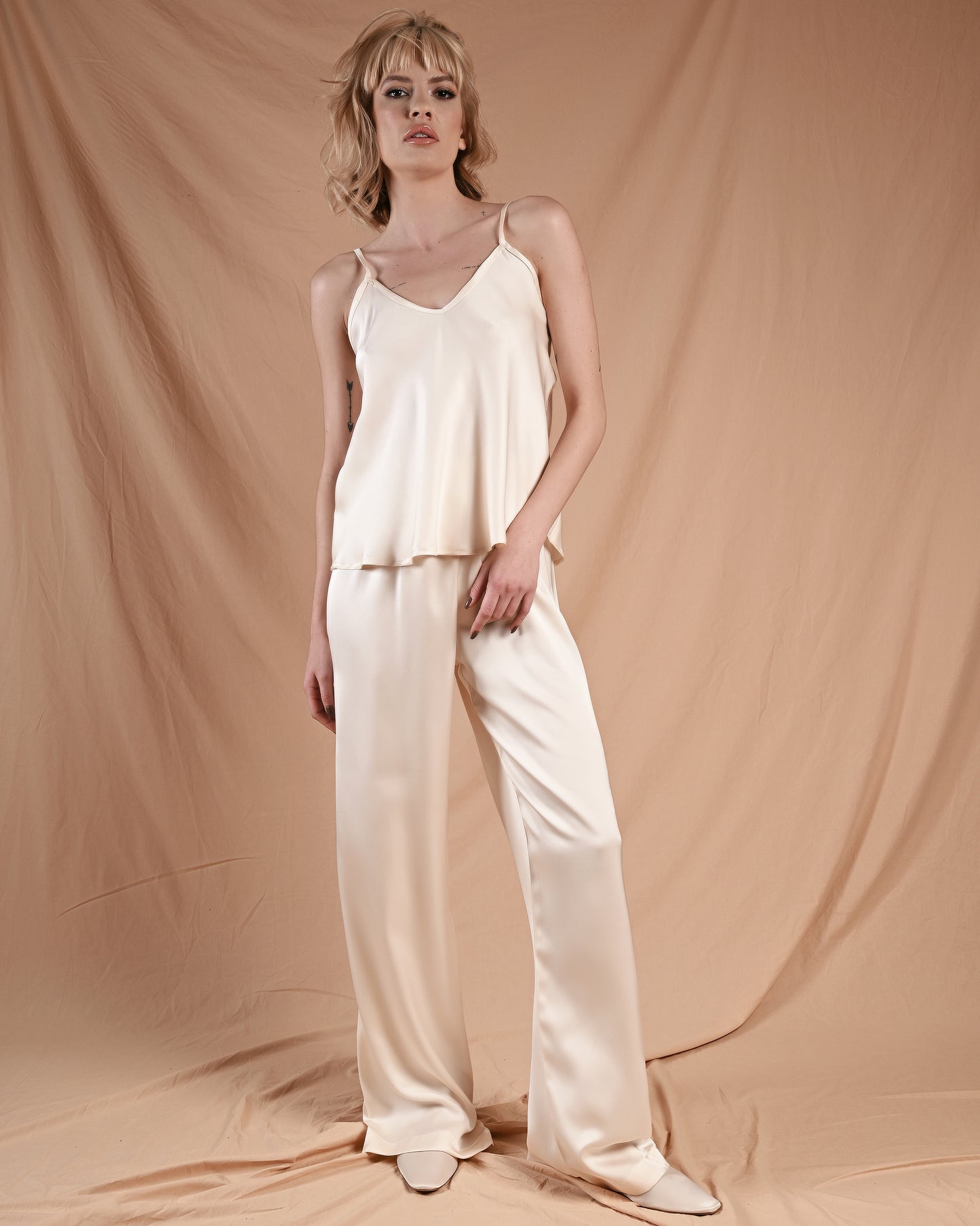 Marshmallow Cream Silk Cami Pant Set