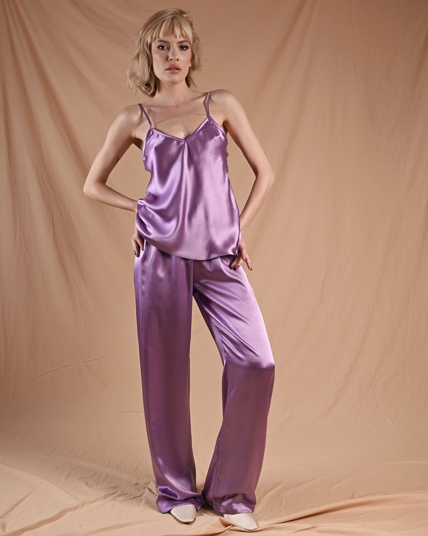 Lavender Violet Silk Cami Pant Set