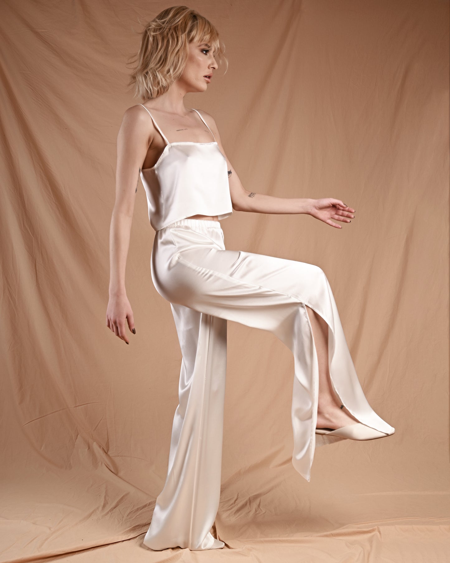 Pearl White Silk Top Pant Set