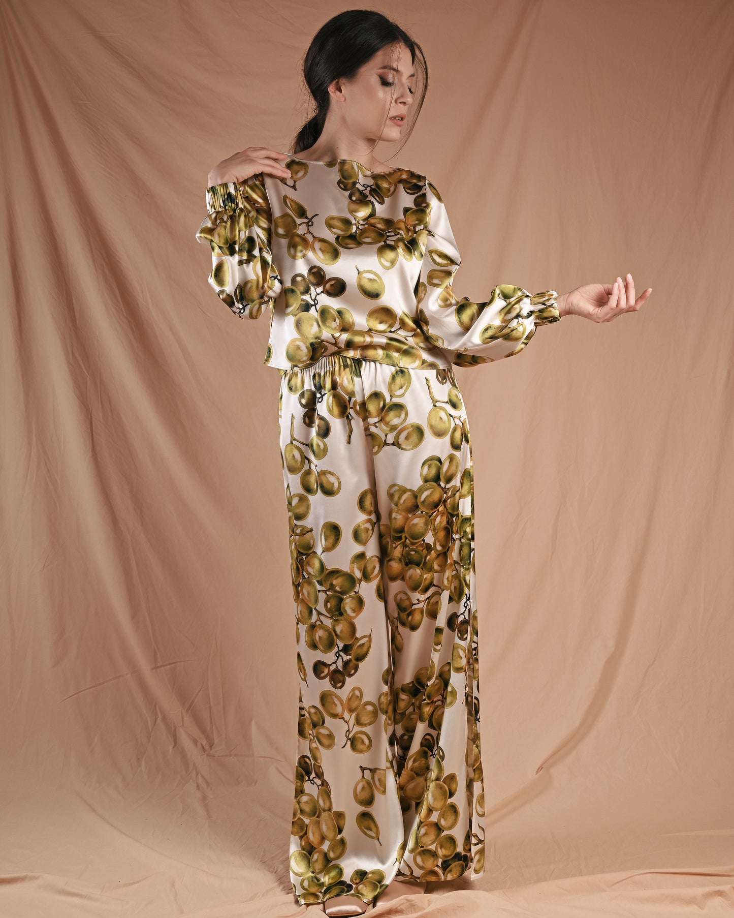 Grape Print Silk Long Sleeve Pant Set