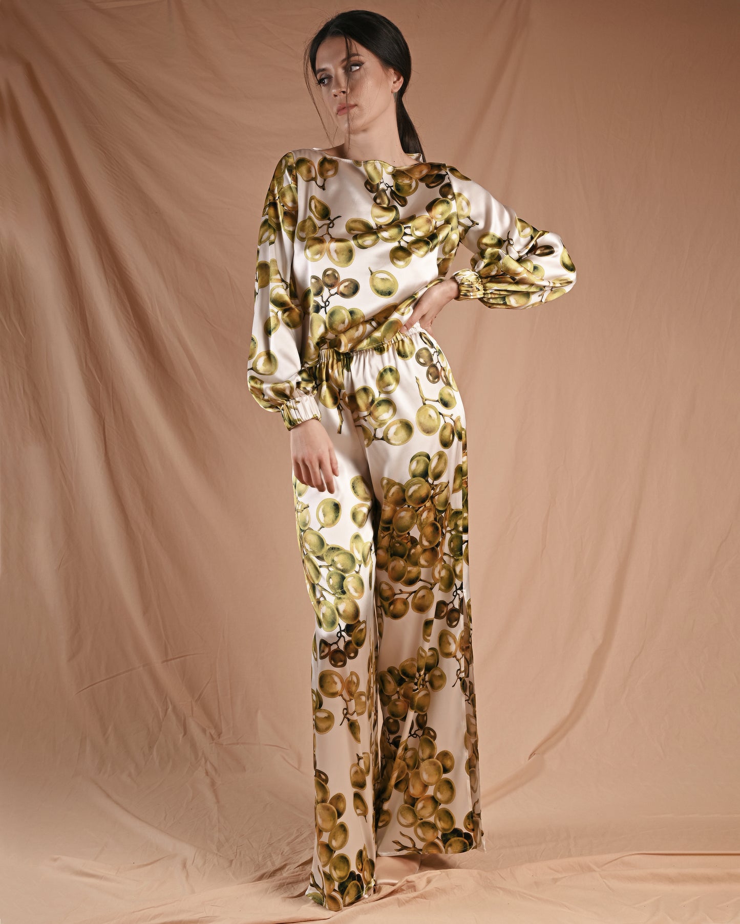 Grape Print Silk Long Sleeve Pant Set