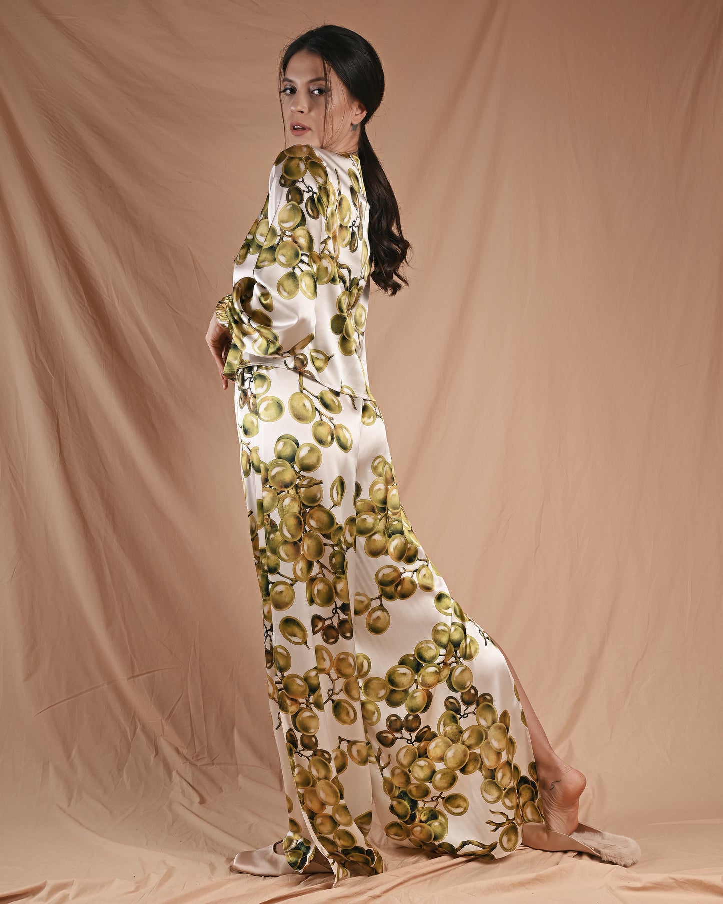 Grape Print Silk Long Sleeve Pant Set