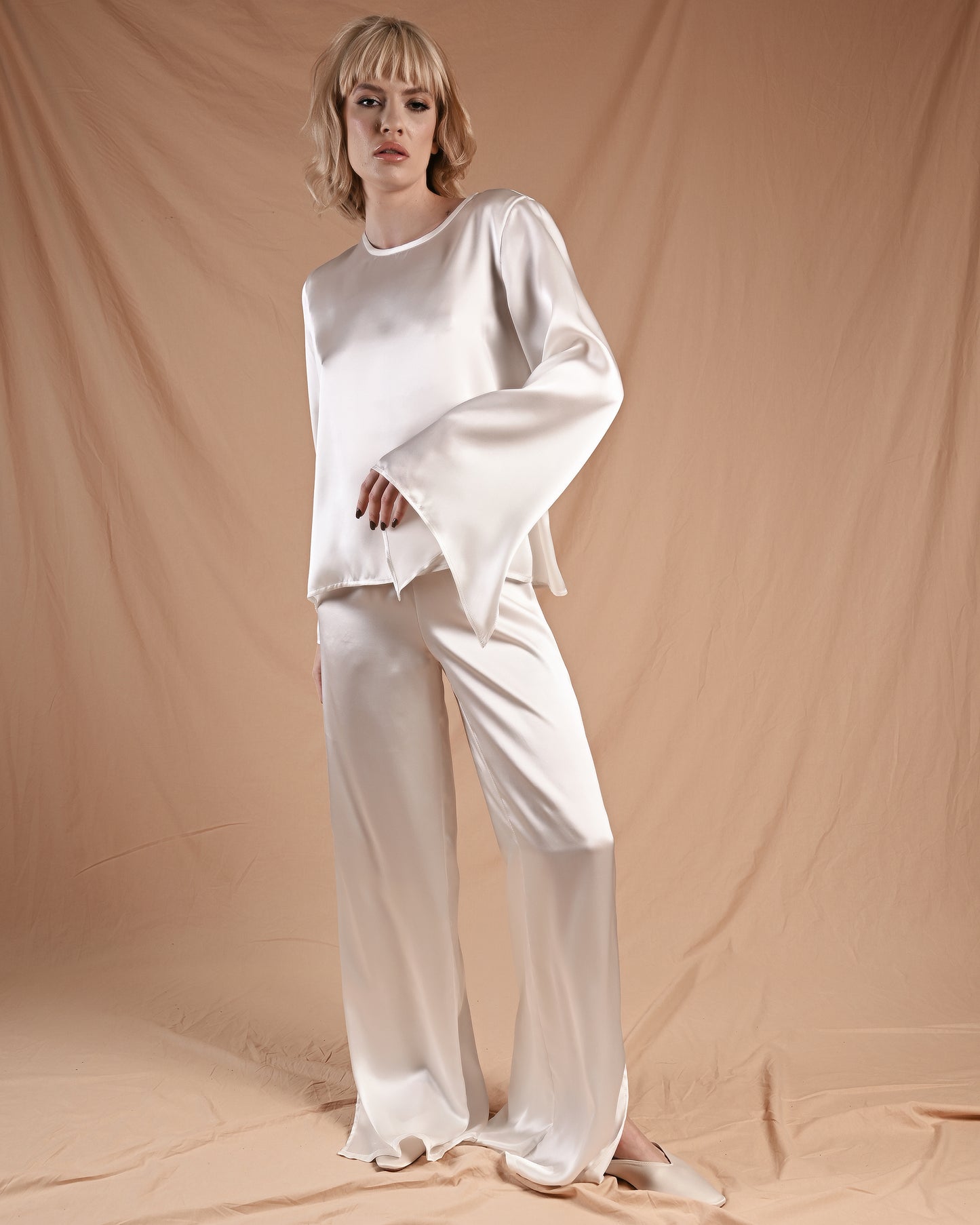 Pearl White Silk Long Sleeve Pant Set