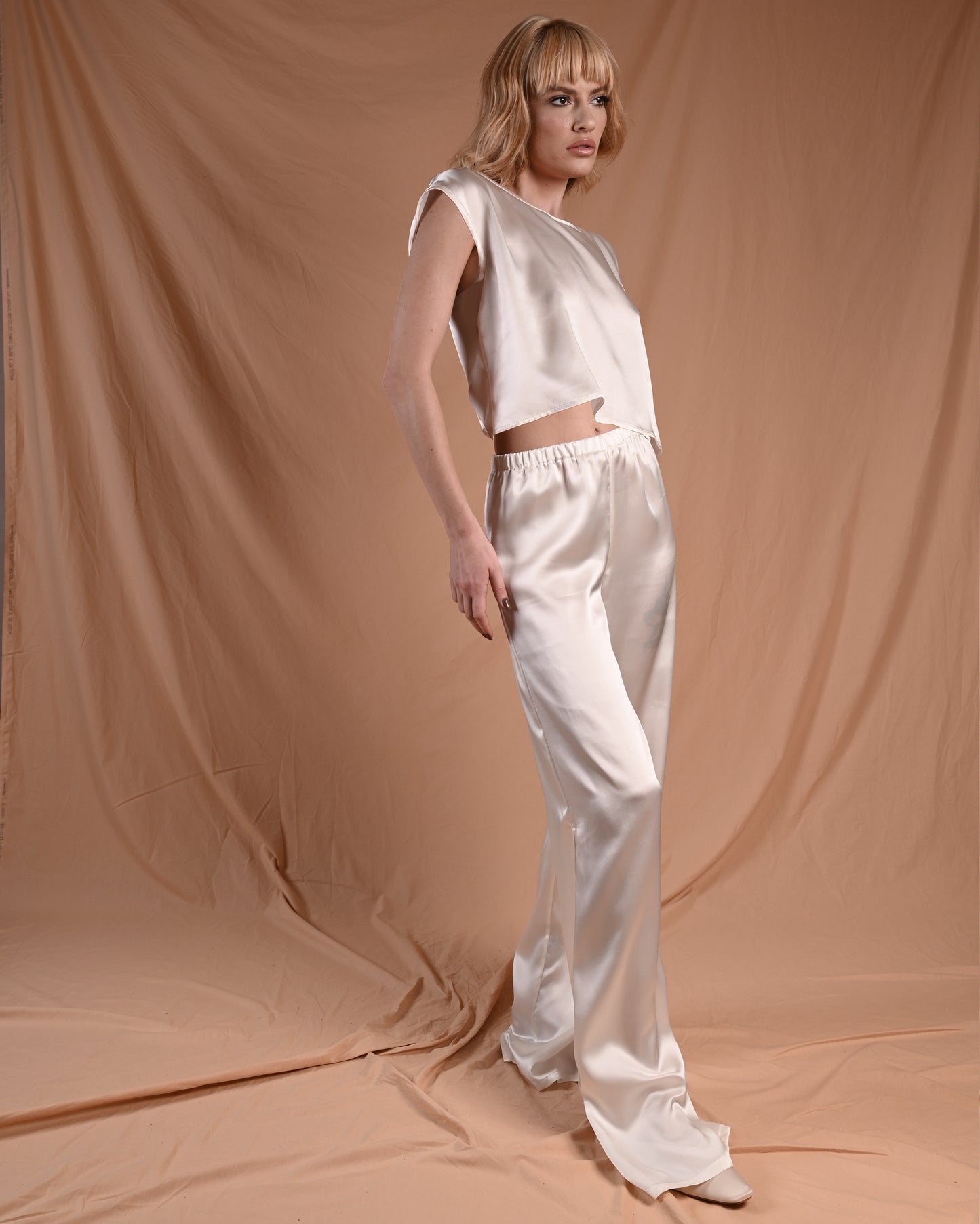Pearl White Silk Short Sleeve Pant Set