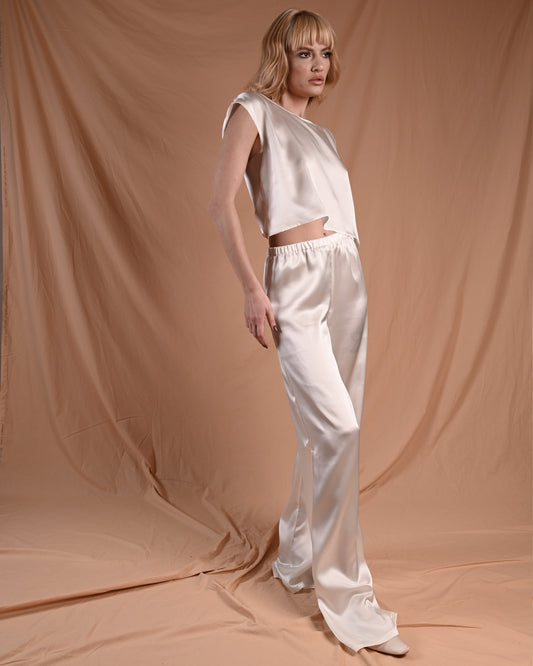 Pearl White Silk Short Sleeve Pant Set