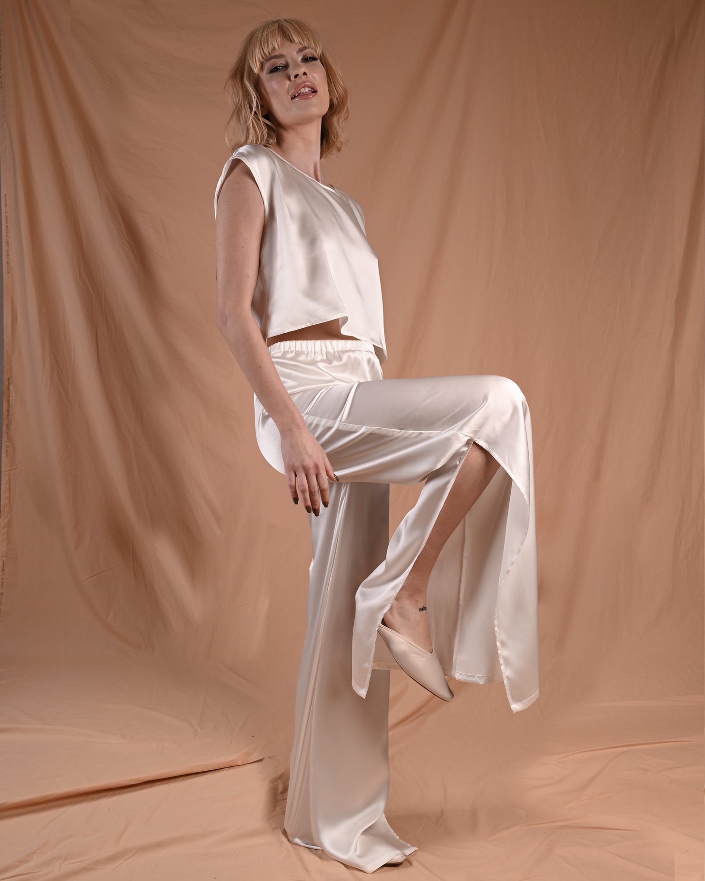 Pearl White Silk Short Sleeve Pant Set