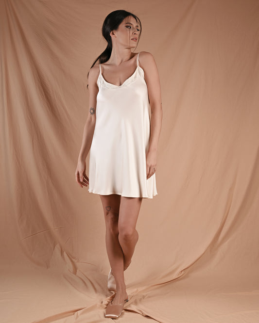 Marshmallow Cream Silk Lace Slip Dress