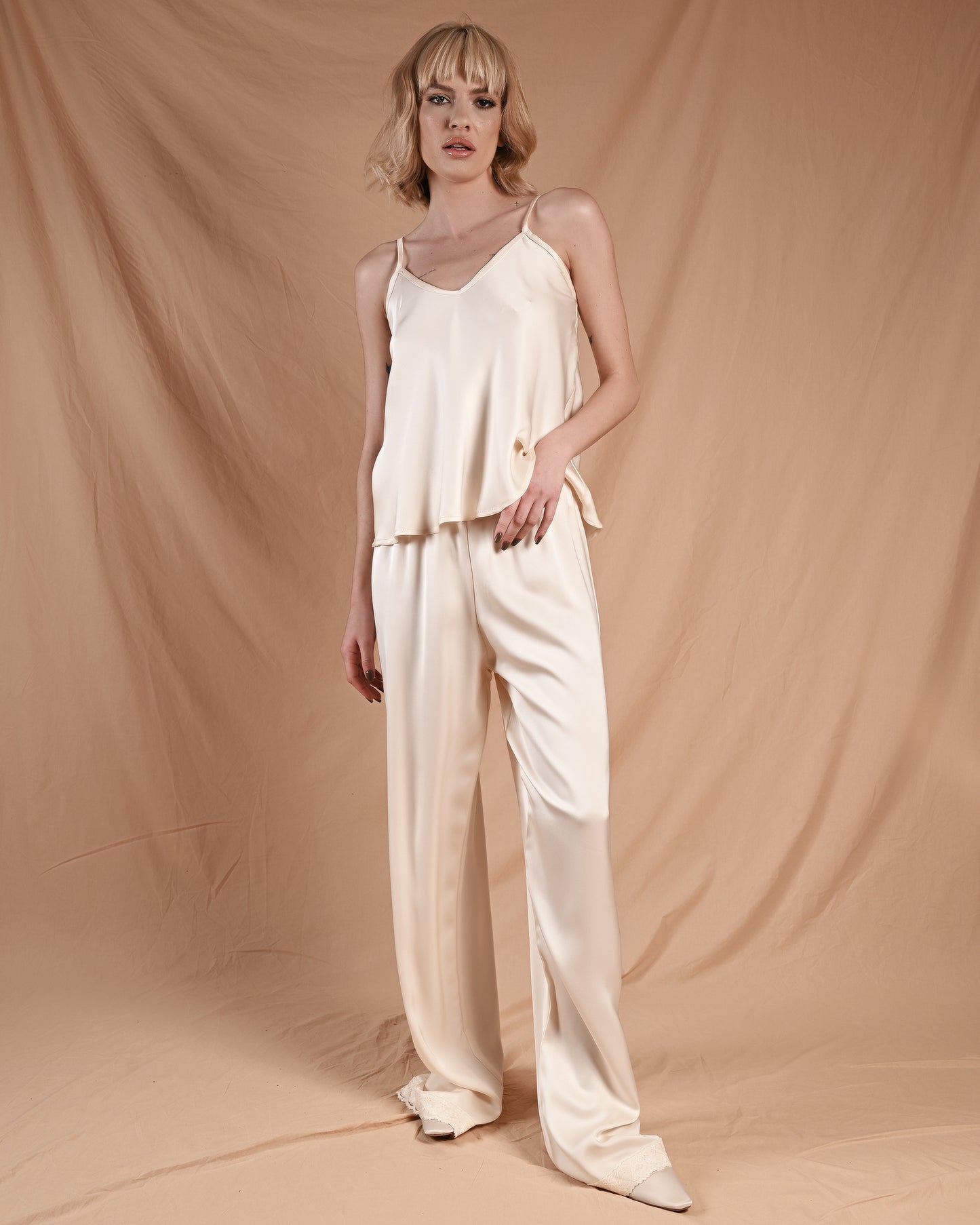 Marshmallow Cream Silk Lace Cami Pant Set