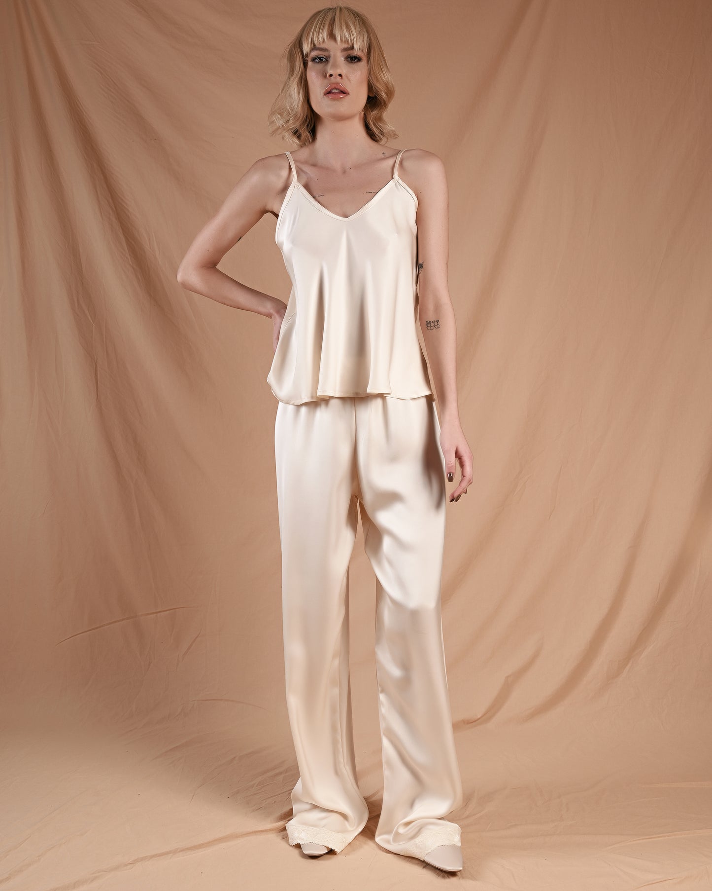Marshmallow Cream Silk Lace Cami Pant Set