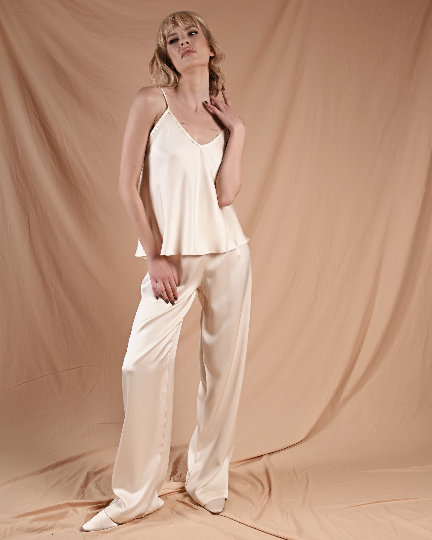 Marshmallow Cream Silk Cami Pant Set