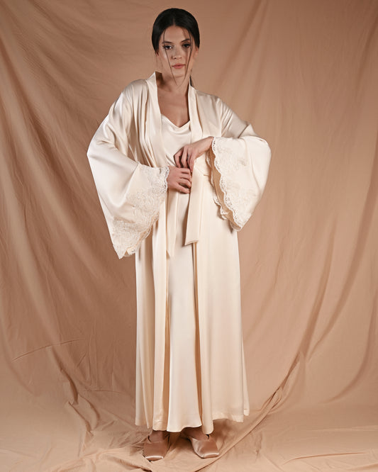 Marshmallow Cream Silk Lace Dressing Gown