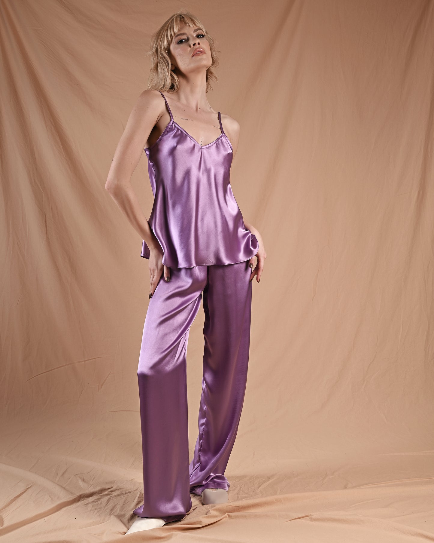Lavender Violet Silk Cami Pant Set