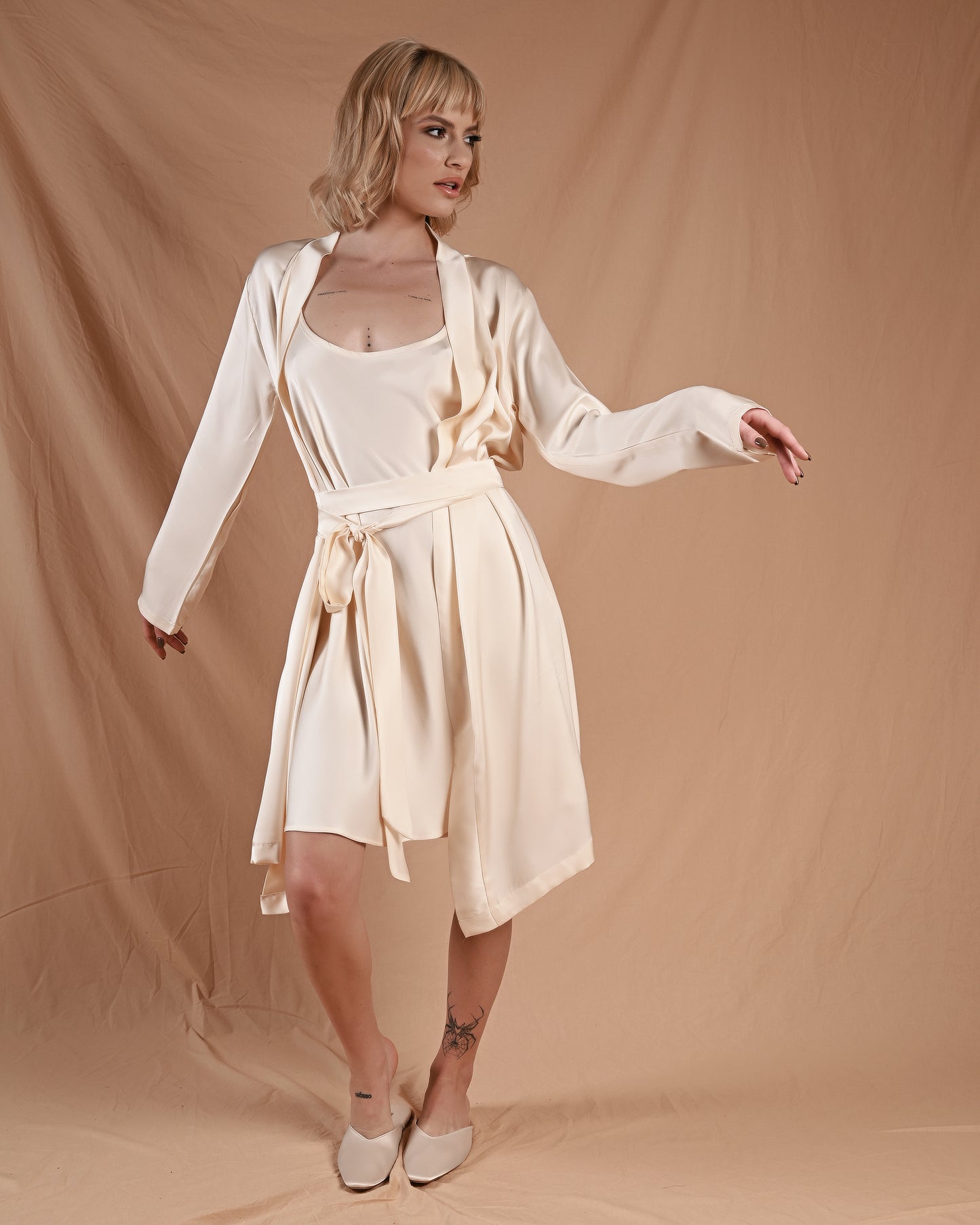 Marshmallow Cream Silk Midi Robe