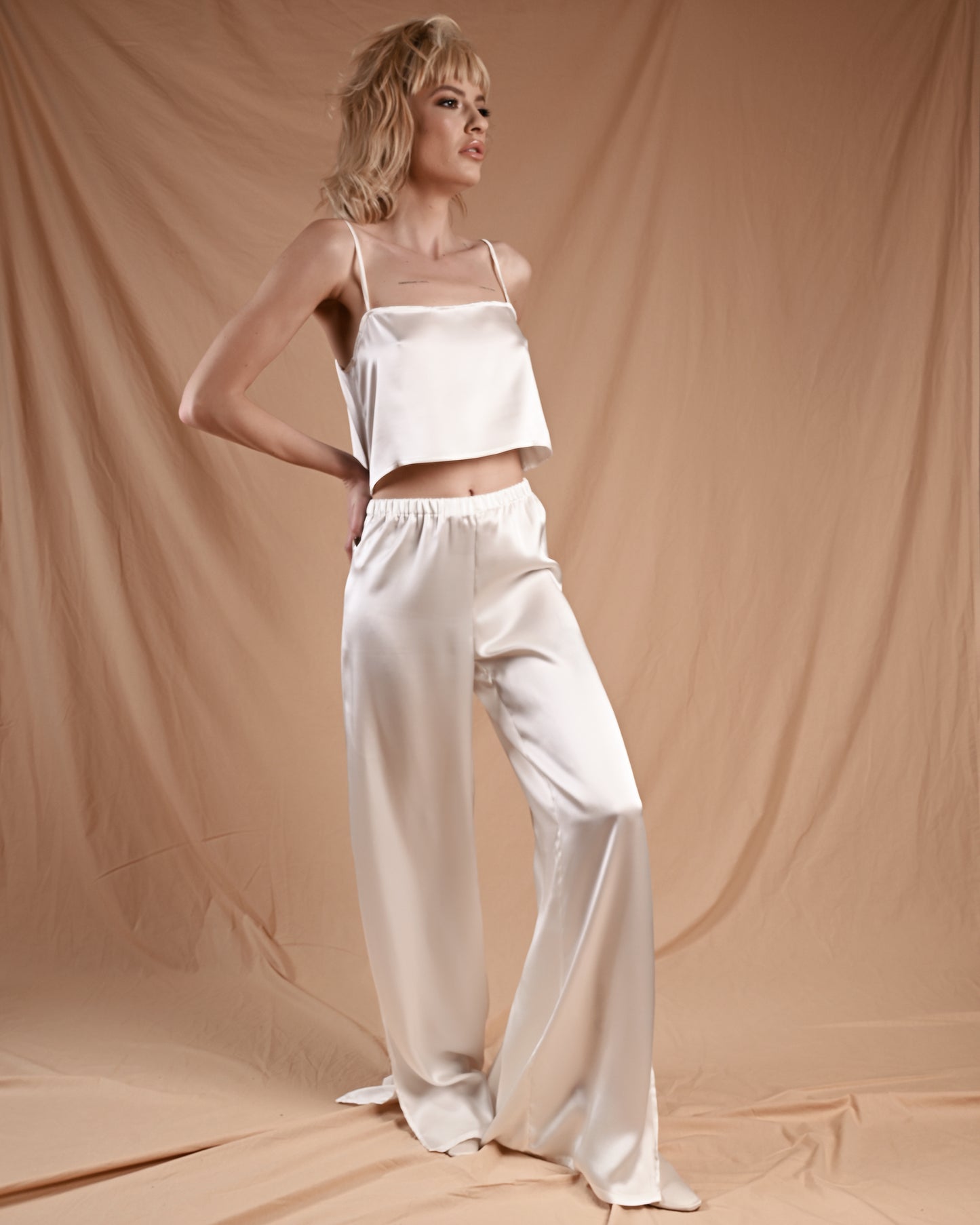 Pearl White Silk Top Pant Set