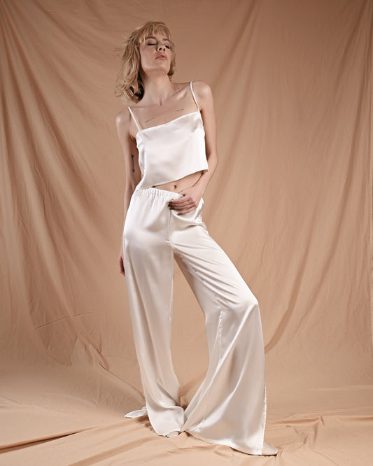 Pearl White Silk Top Pant Set
