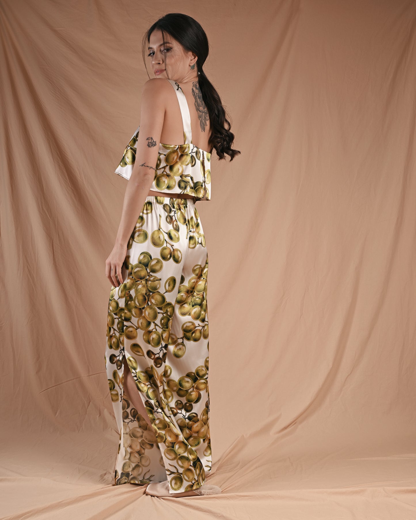 Grape Print Silk Top Pant Set