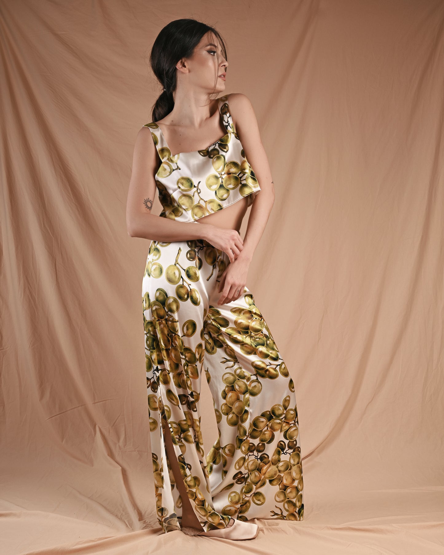 Grape Print Silk Top Pant Set