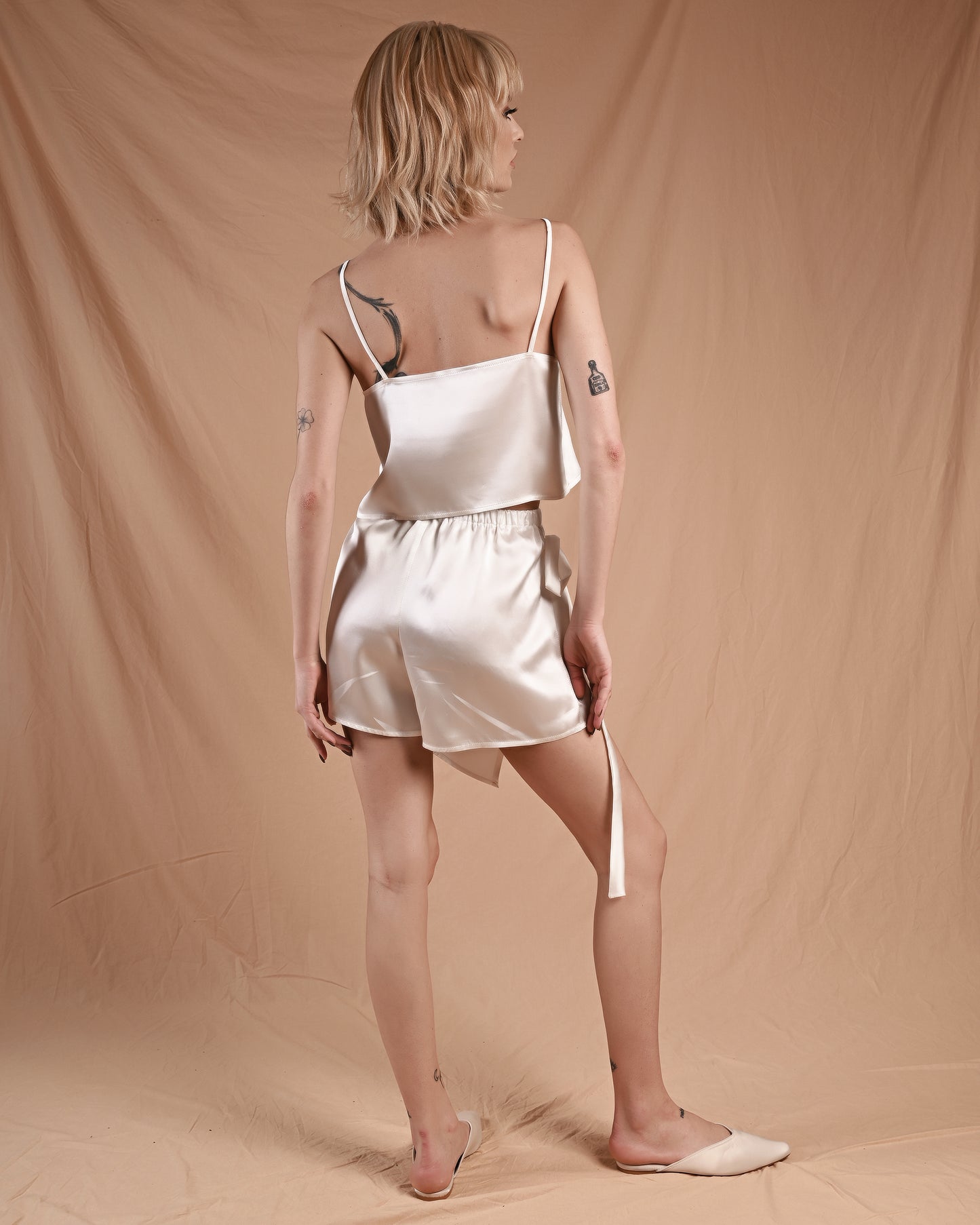Pearl White Silk Top Wrap Shorts Set