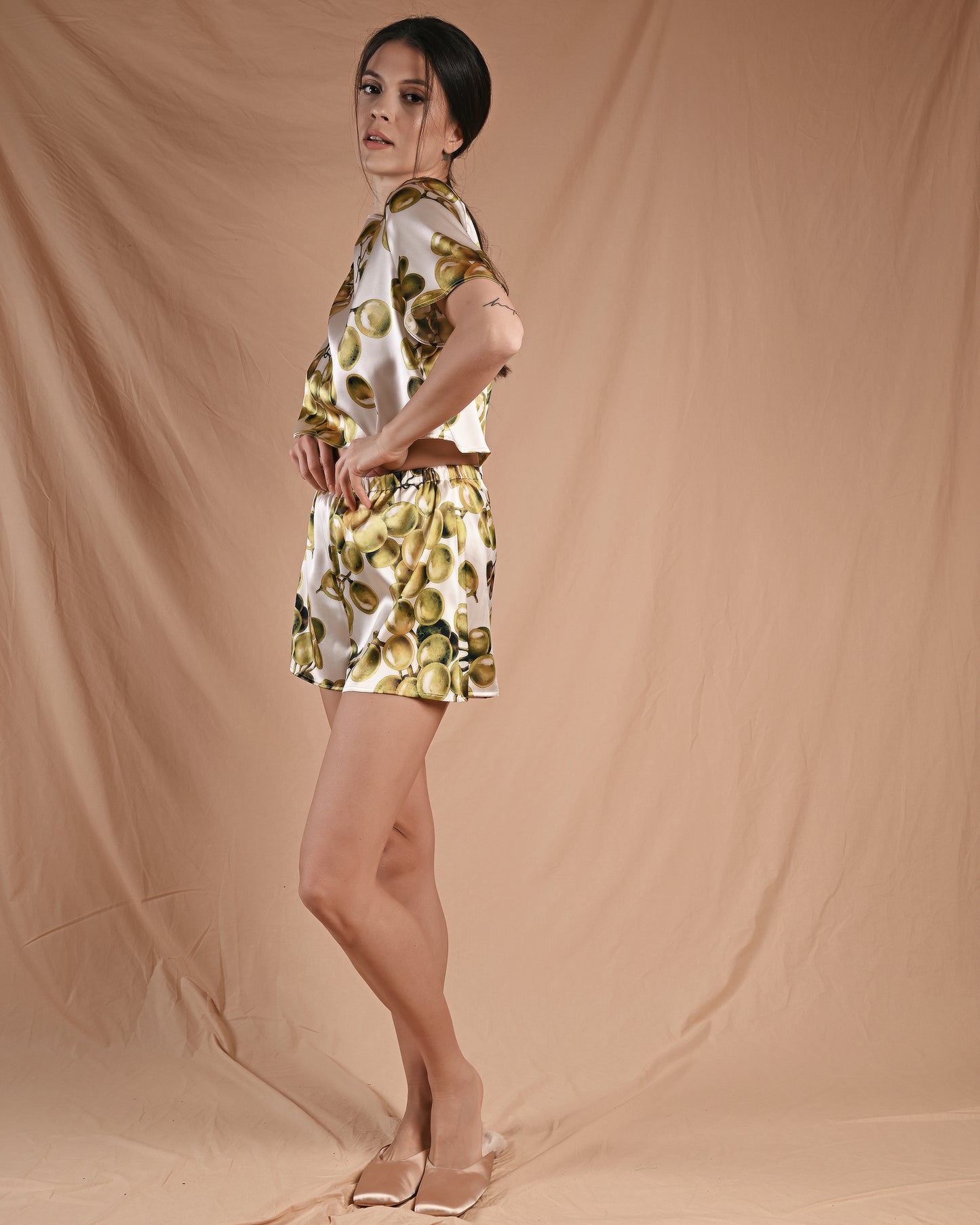 Grape Print Silk Short Sleeve Shorts Set