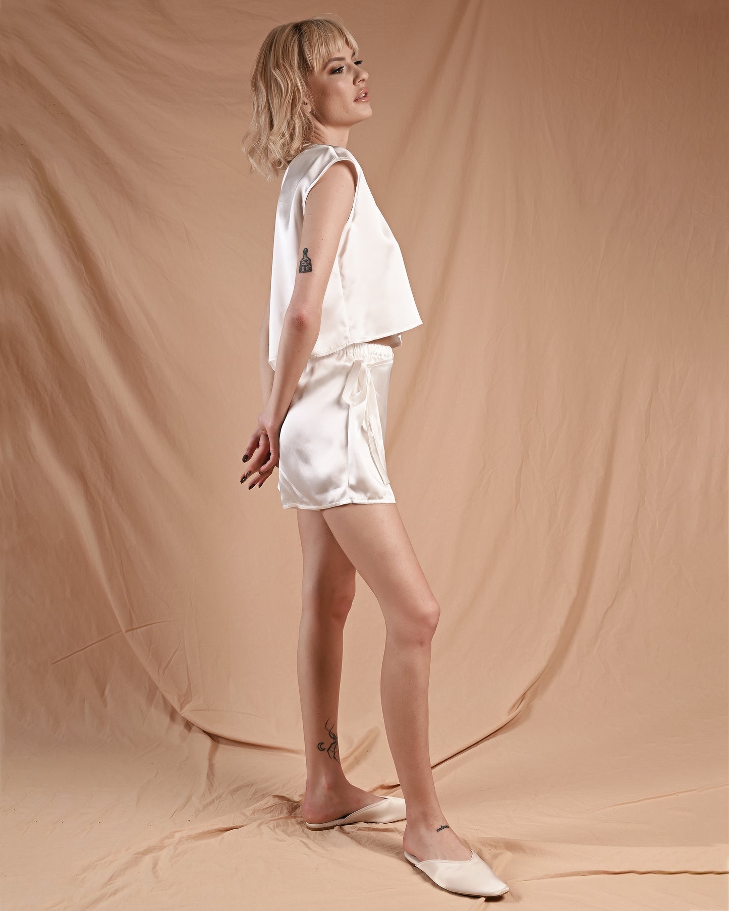 Pearl White Silk Short Sleeve Wrap Shorts Set