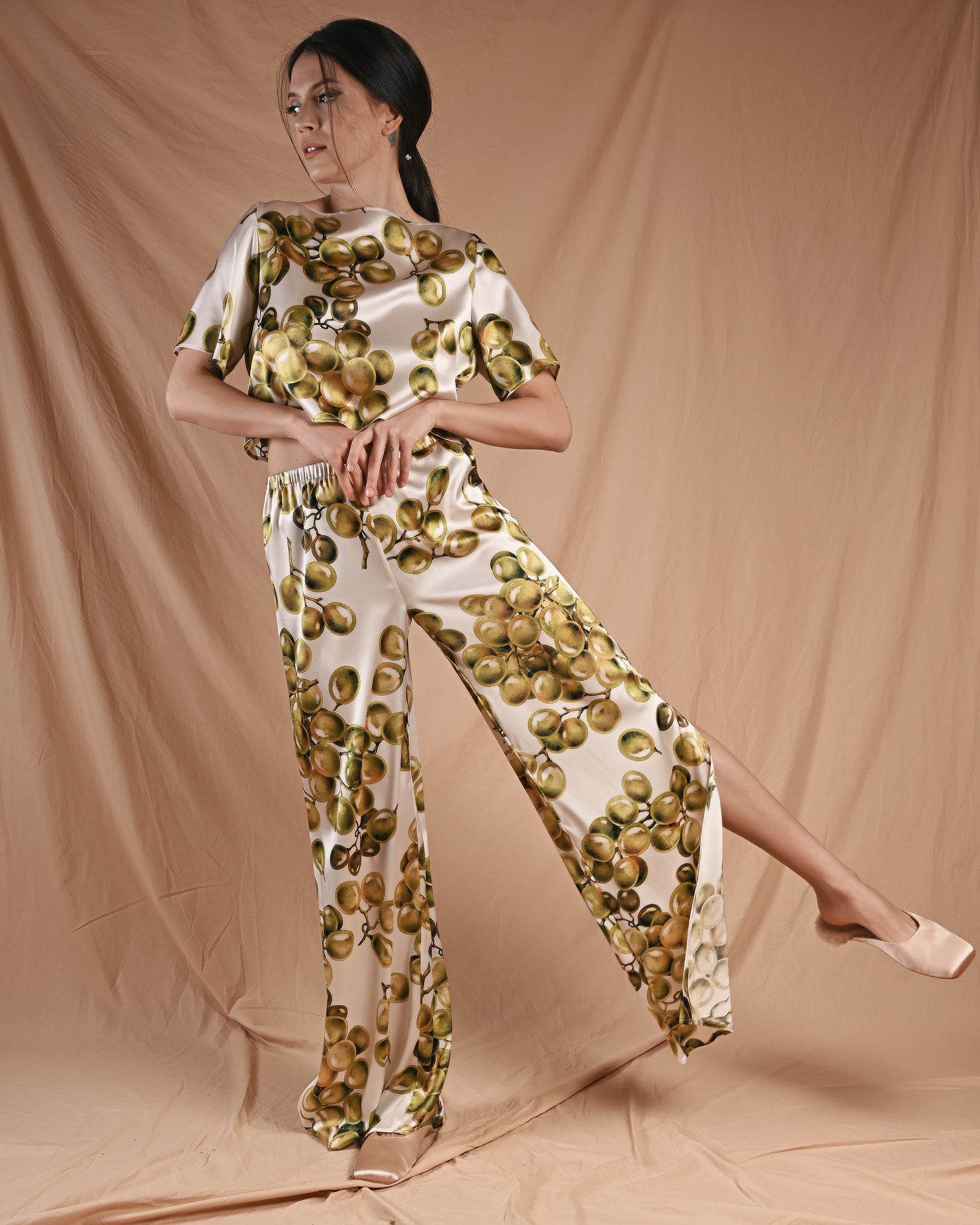 Grape Print Silk Short Sleeve Pant Set