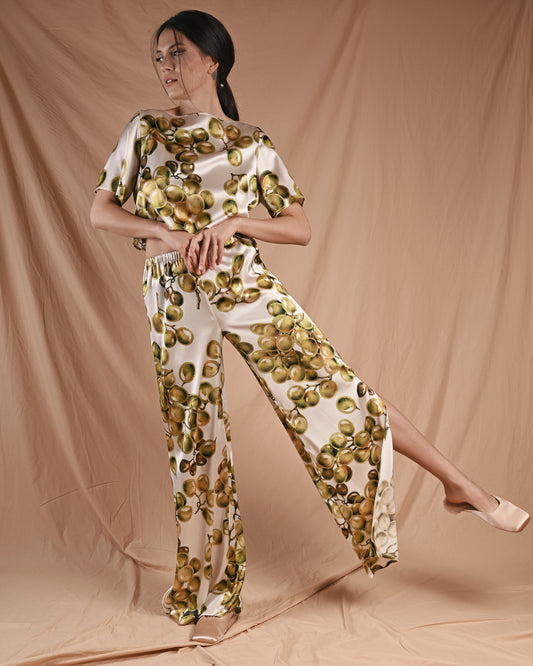 Grape Print Silk Short Sleeve Pant Set