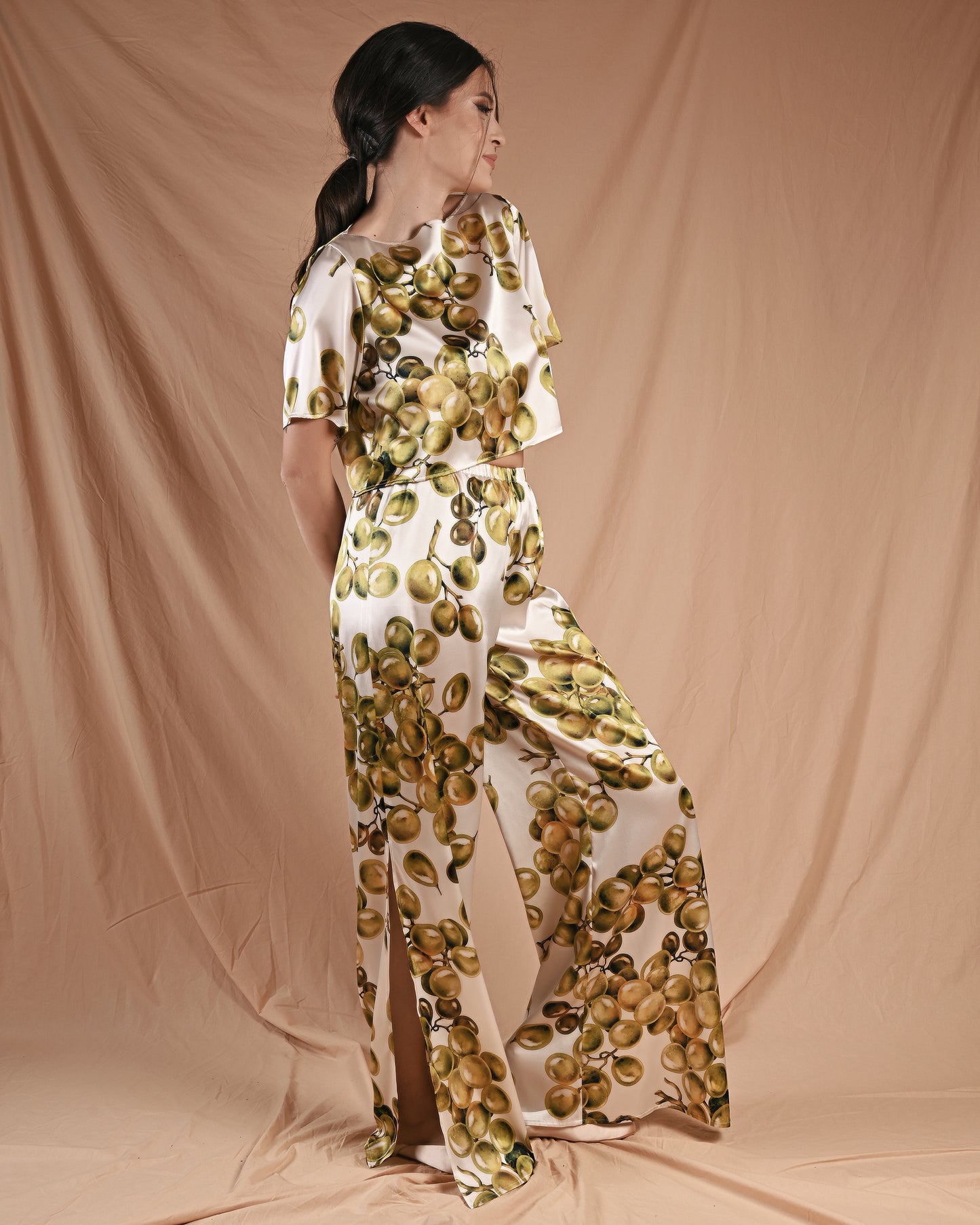 Grape Print Silk Short Sleeve Pant Set