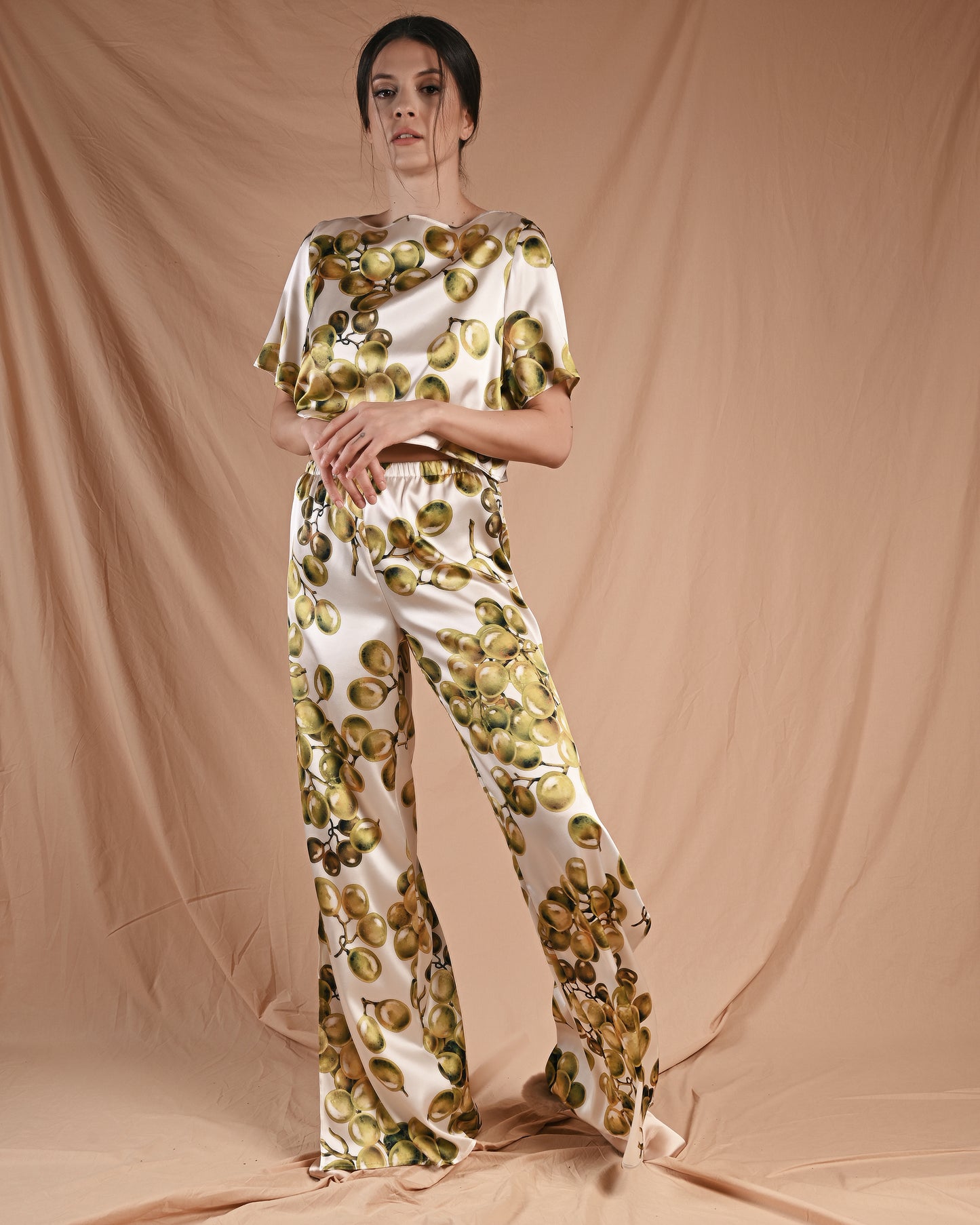 Grape Print Silk Short Sleeve Pant Set