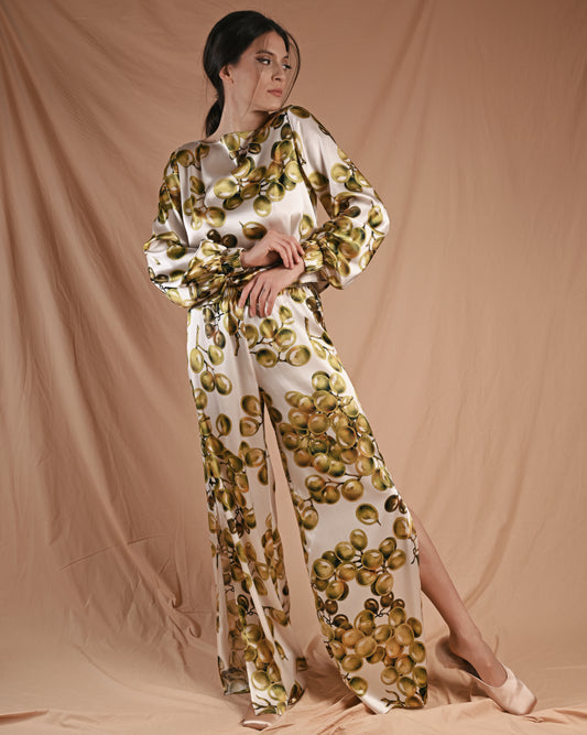 Grape Print Silk Long Sleeve Pant Set