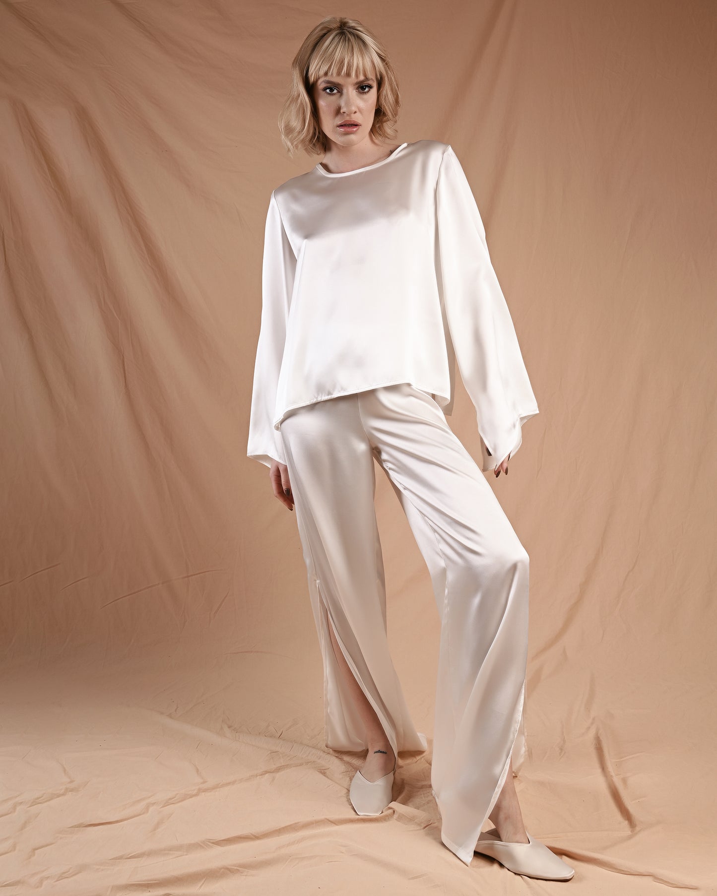 Pearl White Silk Long Sleeve Pant Set