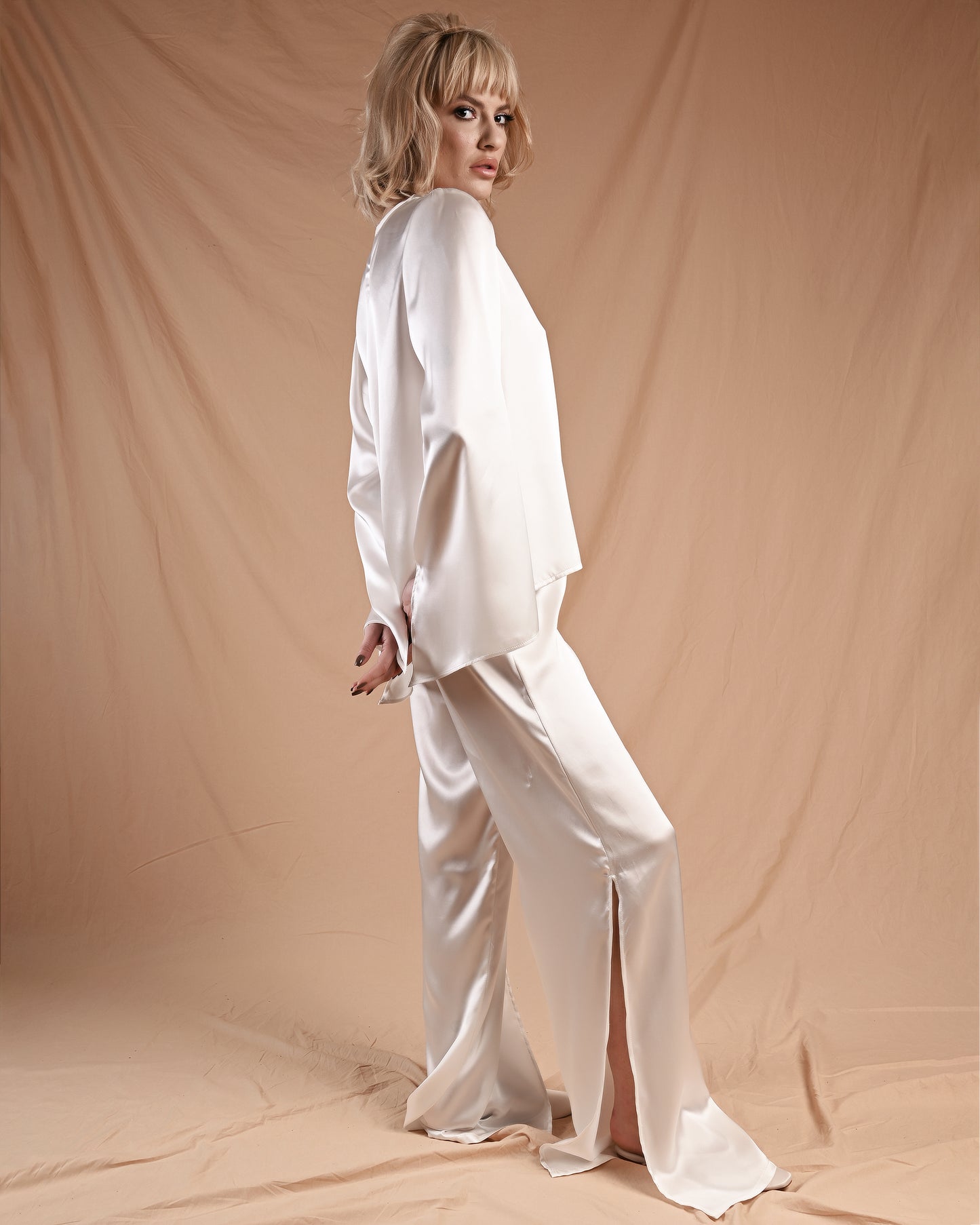 Pearl White Silk Long Sleeve Pant Set