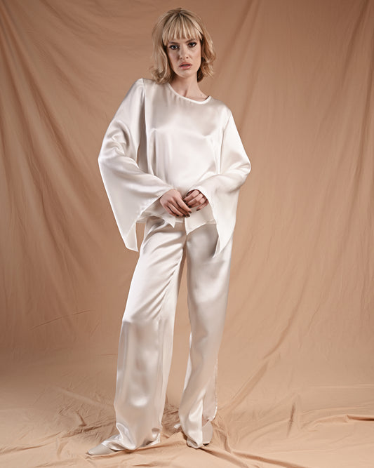 Pearl White Silk Long Sleeve Pant Set