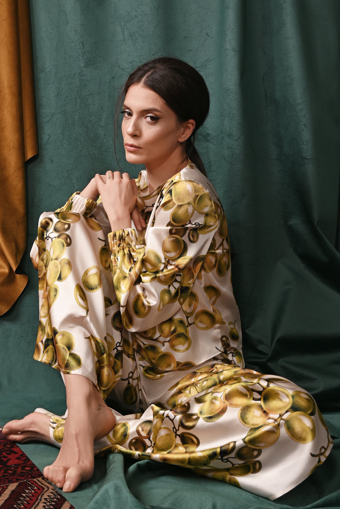 Grape Print Silk Long Sleeve Pant Set