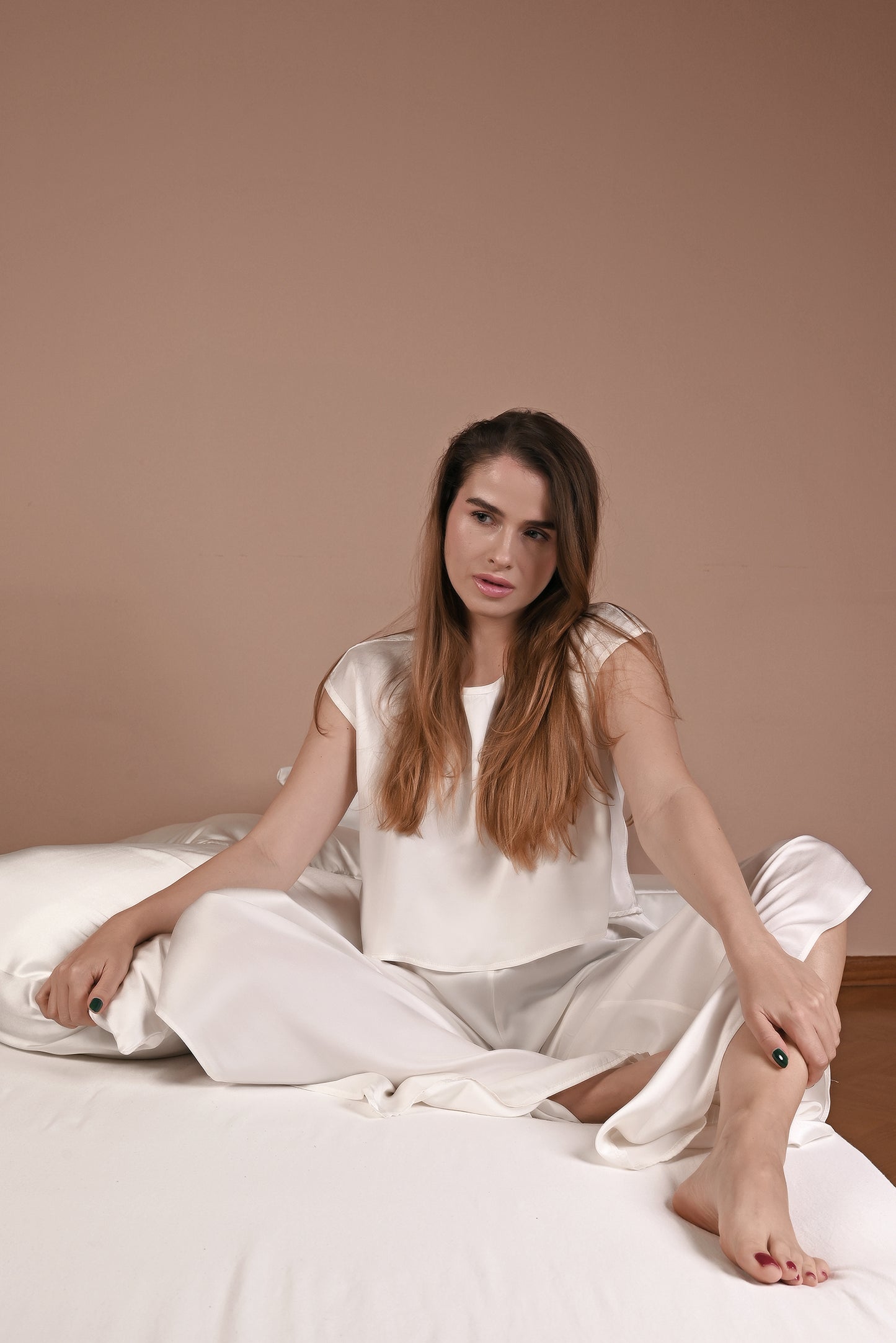 Pearl White Silk Short Sleeve Pant Set