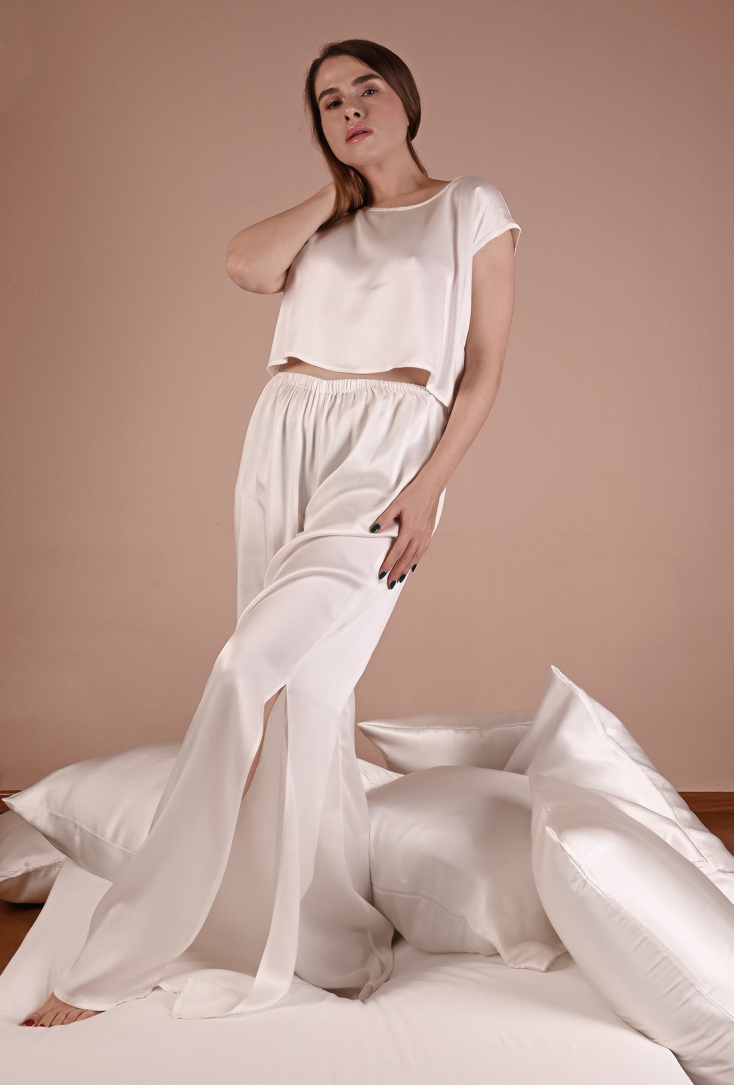Pearl White Silk Short Sleeve Pant Set