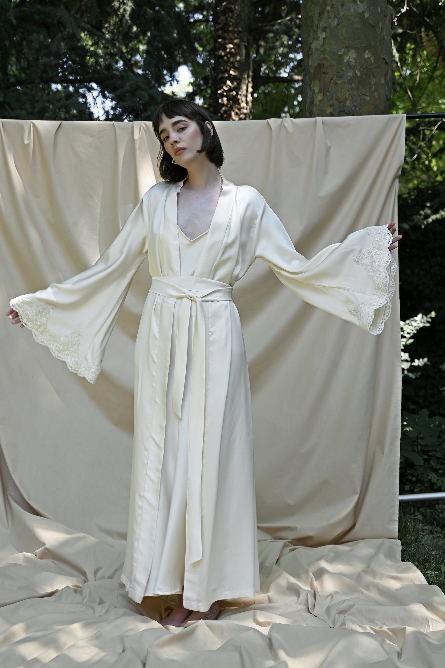 Marshmallow Cream Silk Lace Dressing Gown
