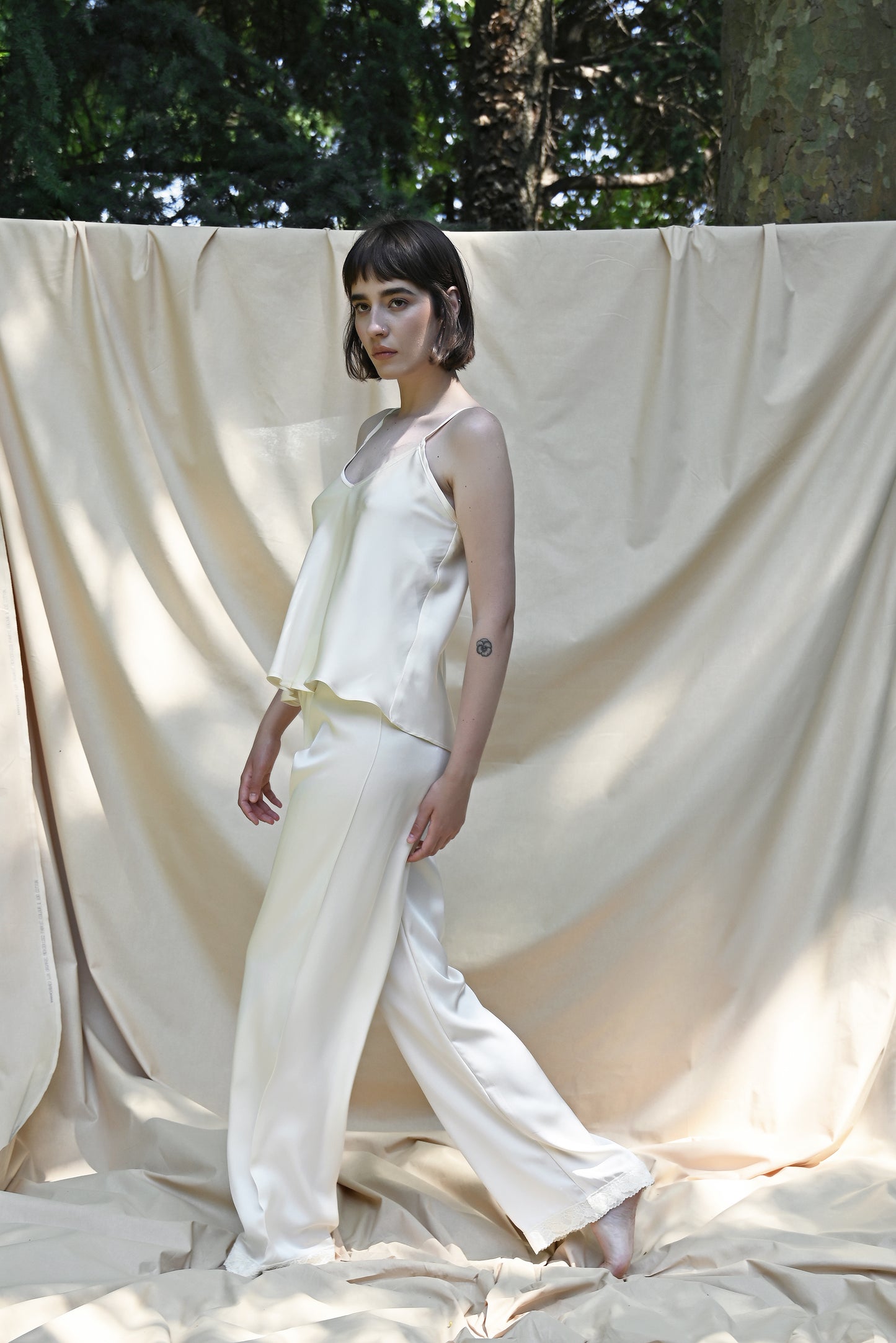 Marshmallow Cream Silk Cami Pant Set