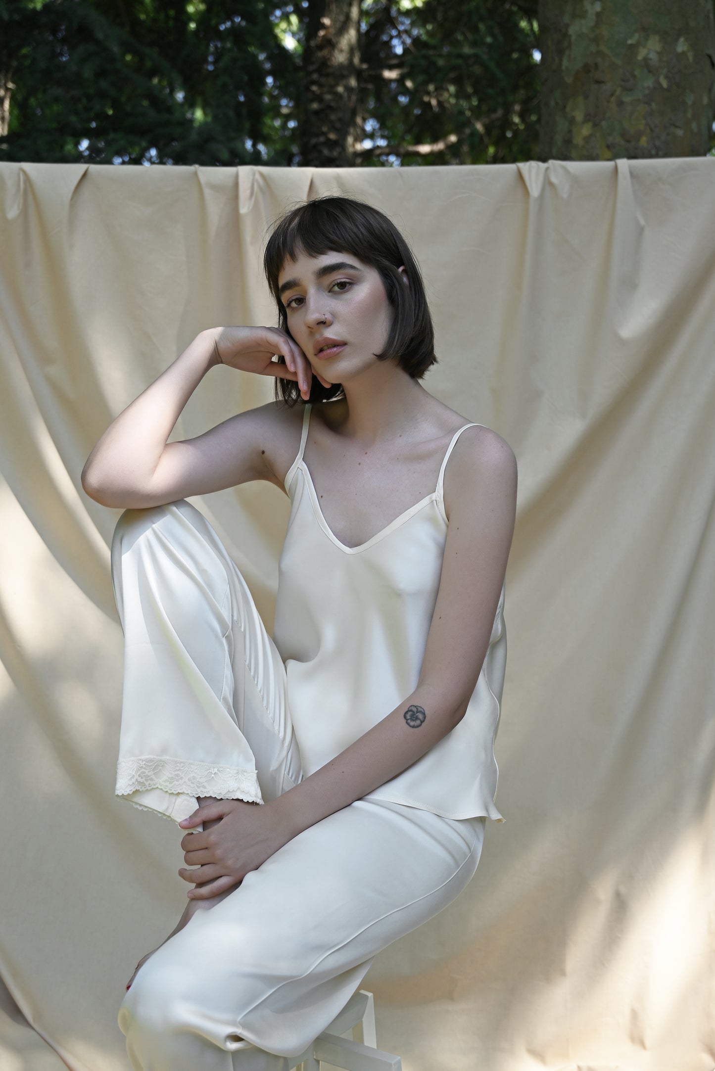 Marshmallow Cream Silk Cami Pant Set