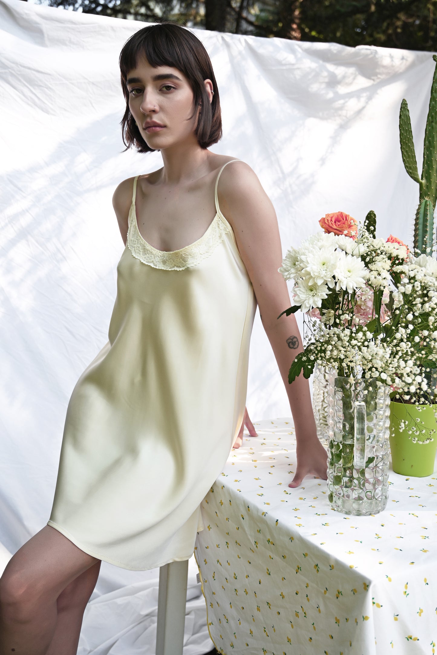Marshmallow Cream Silk Lace Slip Dress
