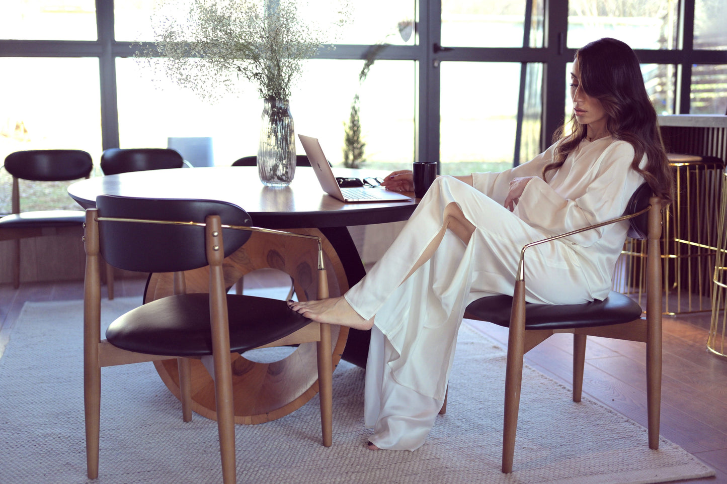 Pearl White Silk Long Sleeve Pant Set